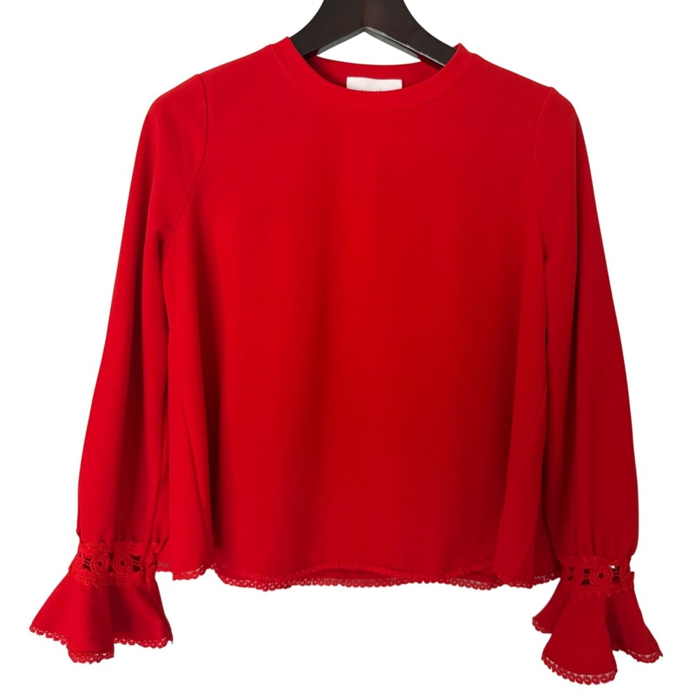 Pomander Place Tuckernuck Red Crochet Trim Bell Sleeve Blouse Top Y22616T Large